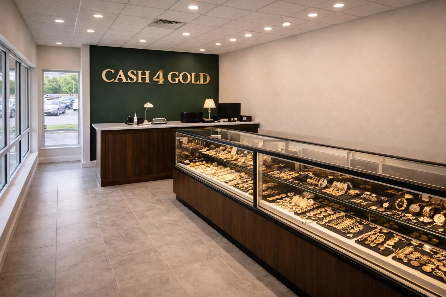 Inside Cash 4 Gold Trading Post Brick — display cases with gold and jewelry