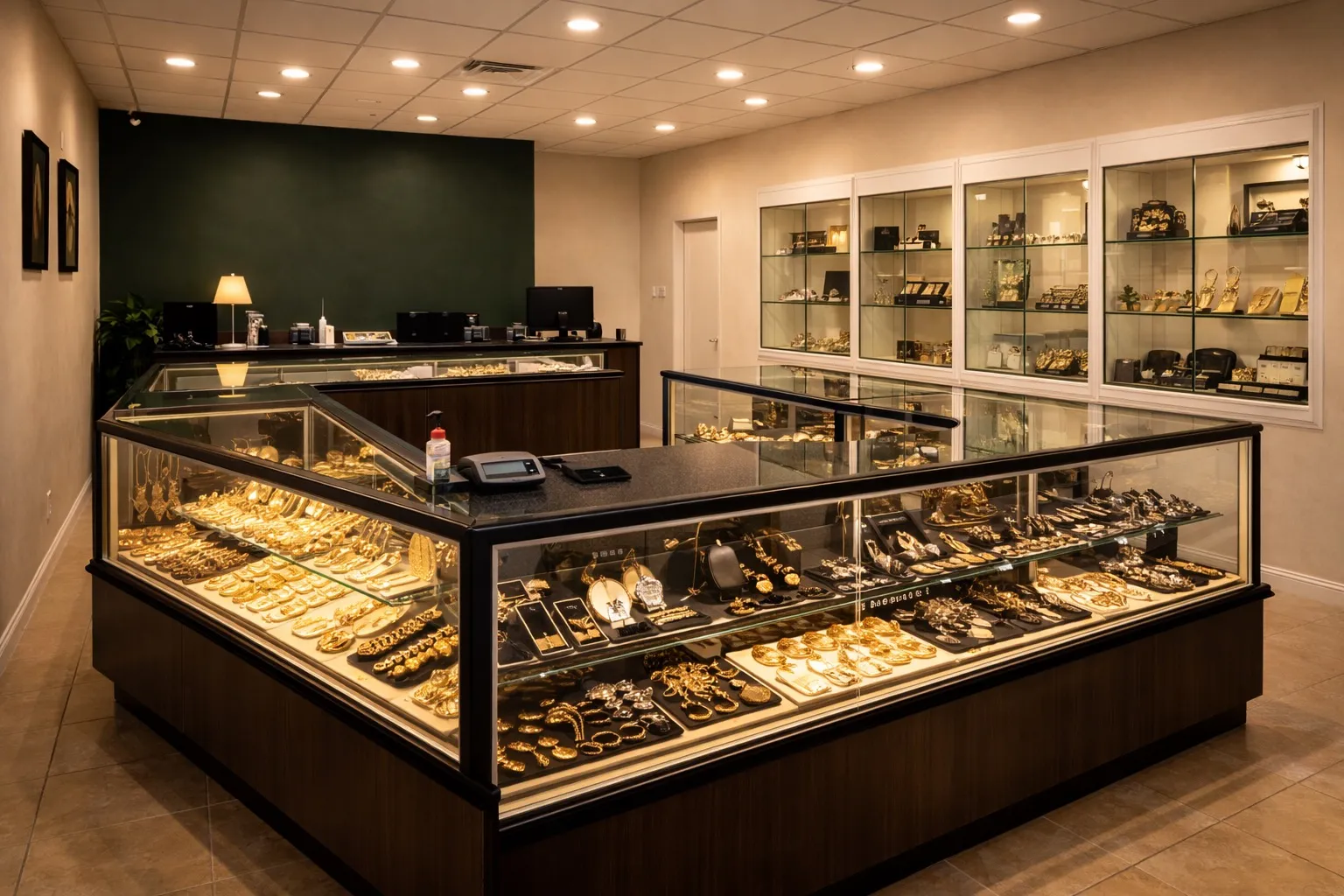 Inside Cash 4 Gold Trading Post Middlesex — display cases with gold and jewelry