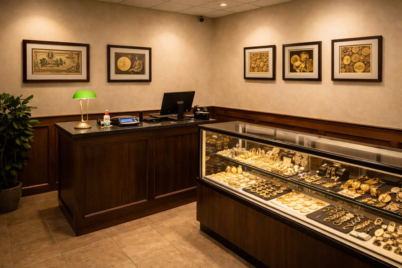 Inside Cash 4 Gold Trading Post Millstone — display cases with gold and jewelry
