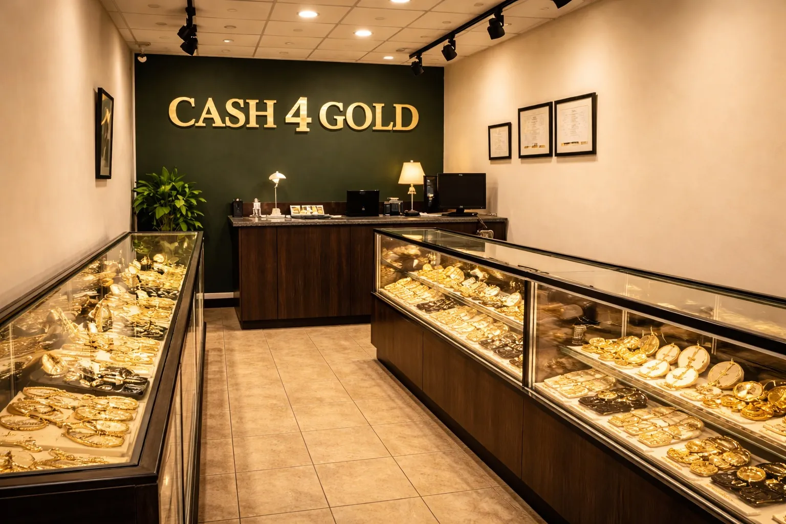 Inside Cash 4 Gold Trading Post New Brunswick — display cases with gold and jewelry